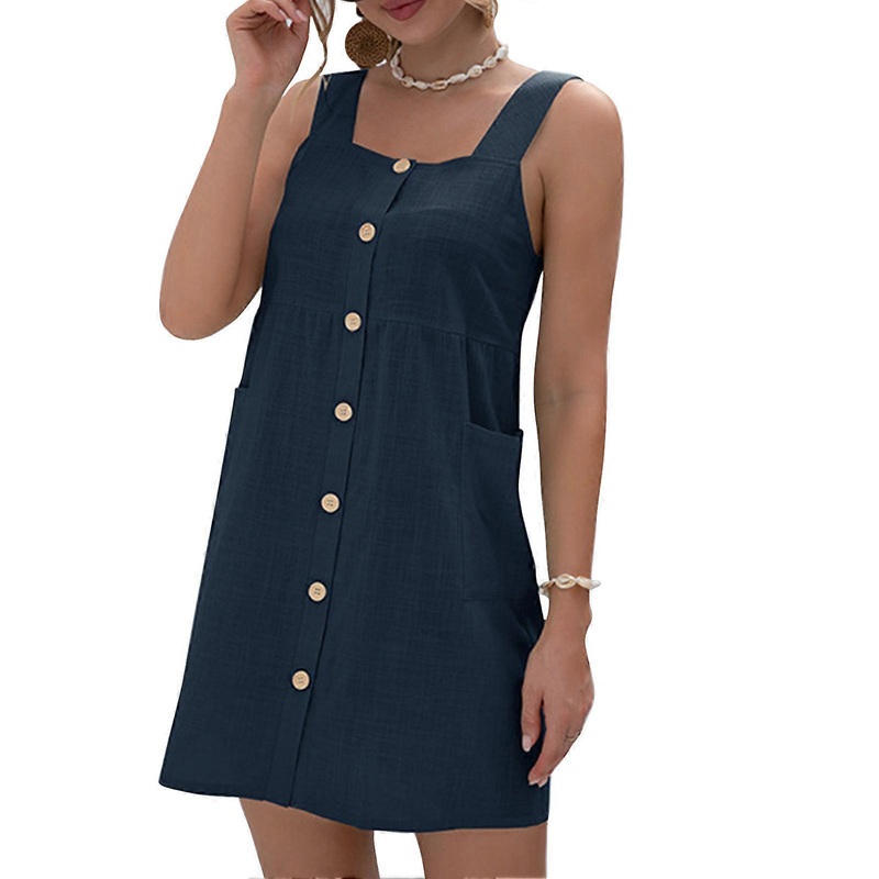 Ladies Summer Casual Dress Sleeveless Button Up Dress Pure Color Pocket Suspender Dress for Party Dark Blue M | Fruugo SG