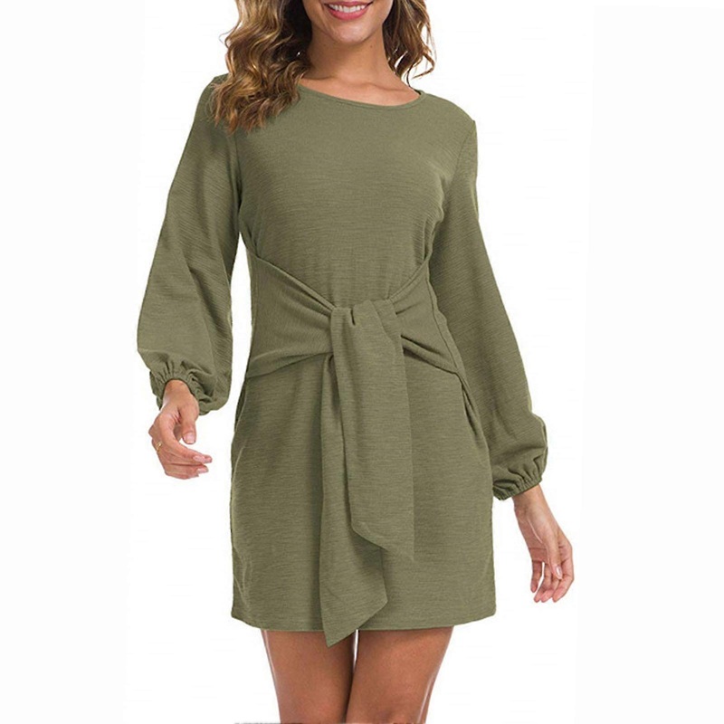 Long Lantern Sleeve Short Dress Pure Color Crewneck Tie Waist Cocktail Dress for Dating OD Green XL | Fruugo SG