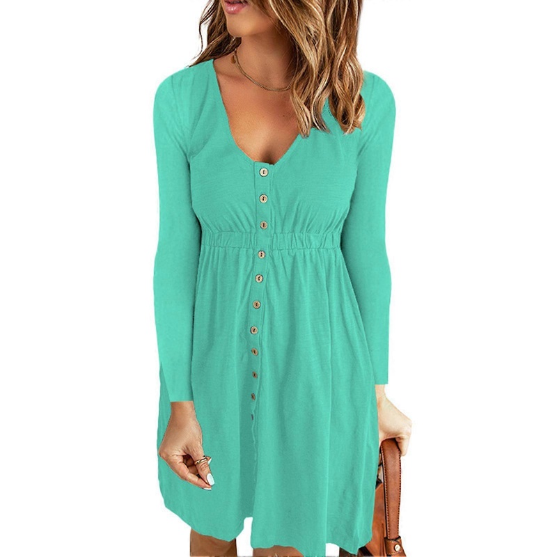 Long Sleeve Dress Pure Color Medium Length Elegant V Neck Tighten Casual Dress Shirred Waist Breathable Slim Fit for Woman Green S | Fruugo SG