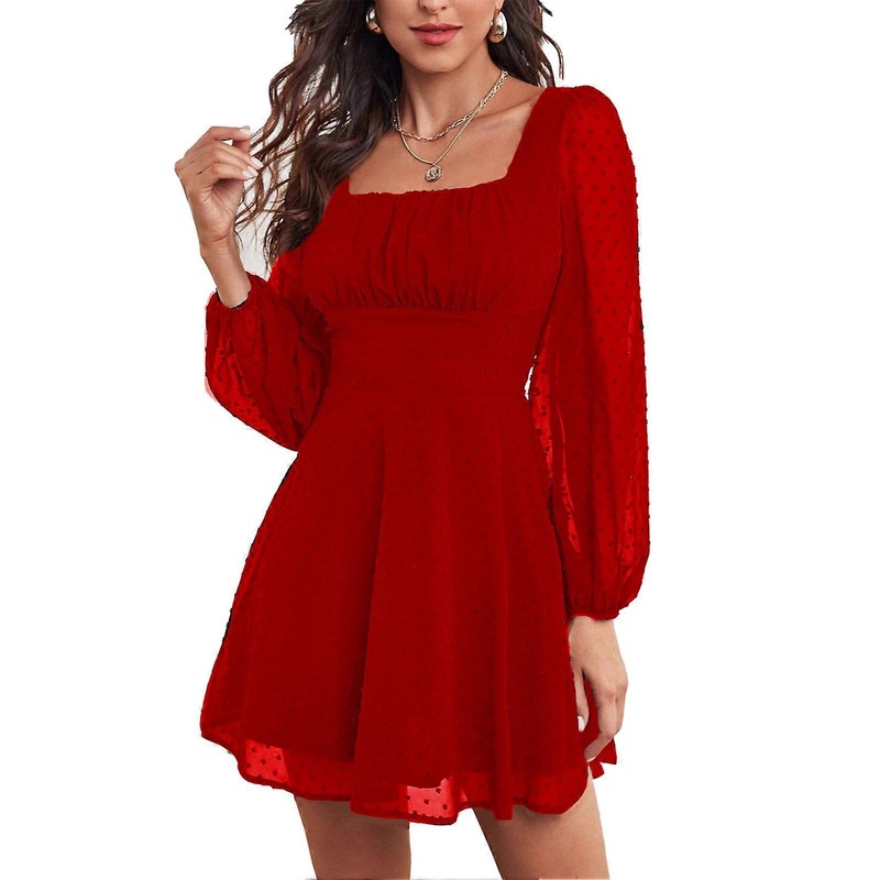 Mesh Long Sleeve Dress High Waist Multi Layer Solid Color Dress Back Zip Design for Women Red XL | Fruugo SG