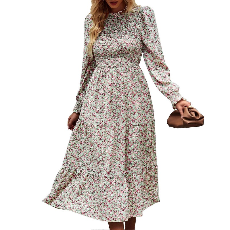 Midi Length Dress Floral Print Round Neck Long Sleeve Fashionable Crewneck Dress for Shopping Green L | Fruugo SG