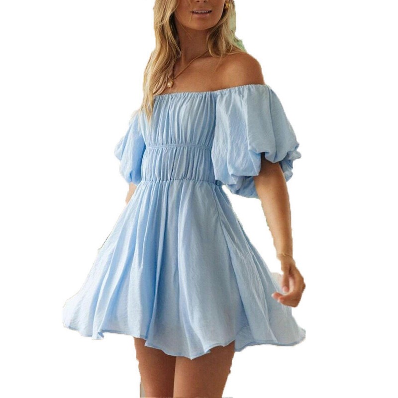 Puff Sleeve Off Shoulder Dress Elegant Square Neck Elastic High Waist Ruched Bust A Line Dress for Party Sky Blue XL | Fruugo SG