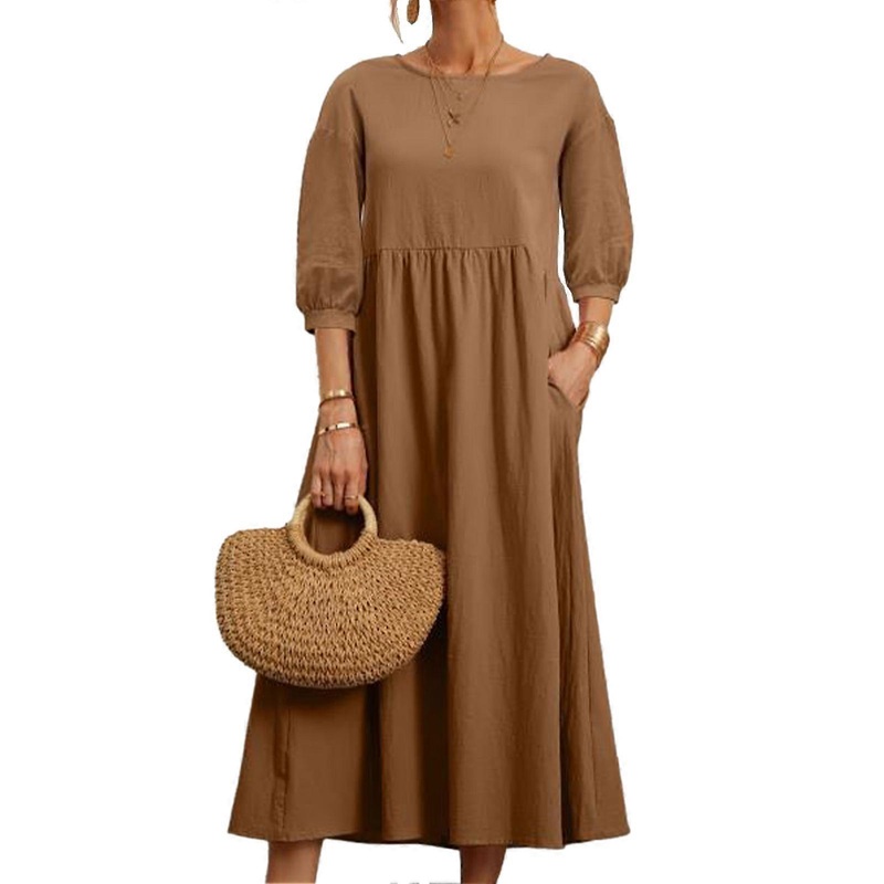 Round Neck Dress Three Quarter Balloon Sleeves Pure Color Loose Pocket Design Casual Women Dress Brown XL | Fruugo SG