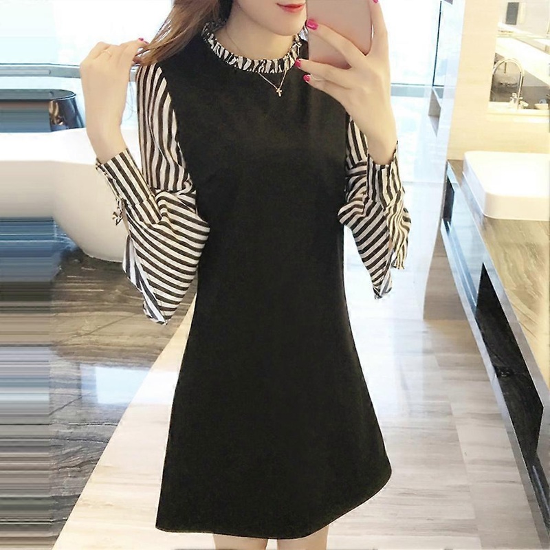 Ruffle Sleeve Dress Stripe Pattern Long Sleeve Round Neck Above Knee Length Dress (Black M) | Fruugo SG