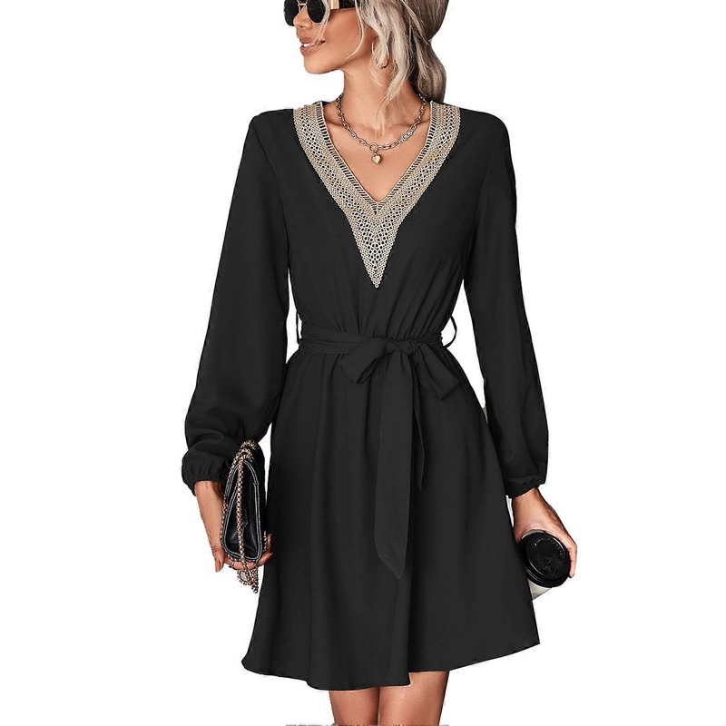 Short Dress V Neck Lace Stitching Long Sleeves Belted Casual Fit Lady Short Dress for Dating Black XL | Fruugo SG