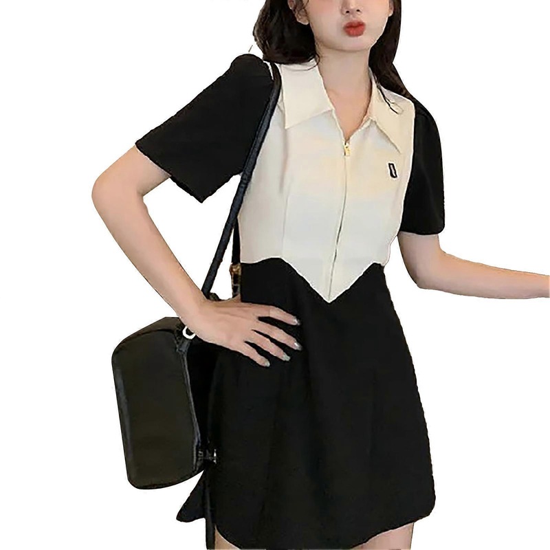 Short Sleeve Dress Turn Down Collar Zipper Front Slim Fitted Color Block Fashionable Short Dress for Summer | Fruugo SG
