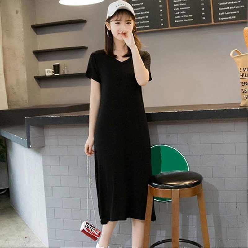 Solid Color Dress V Neck Short Sleeve Mid Calf Length Dress for Summer (Black XL) | Fruugo SG