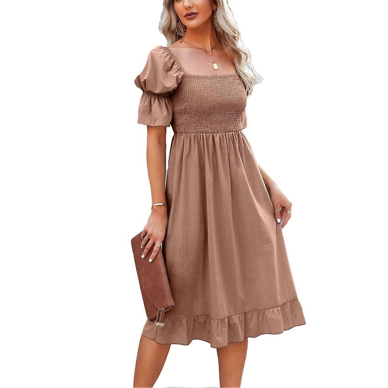 Square Neck Dress Fashionable Charming Lantern Sleeves Ruffle Pleated Waistband Dress for Women Khaki Light XL | Fruugo SG