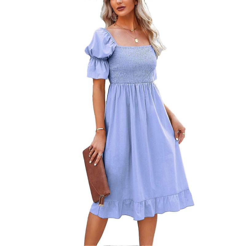 Square Neck Dress Fashionable Charming Lantern Sleeves Ruffle Pleated Waistband Dress for Women Light Blue L | Fruugo SG