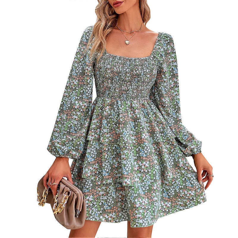 Square Neck Dress Regular Long Sleeve Fashionable High Waist Tiered Design Loose Hem Floral Print Dress Green M | Fruugo SG