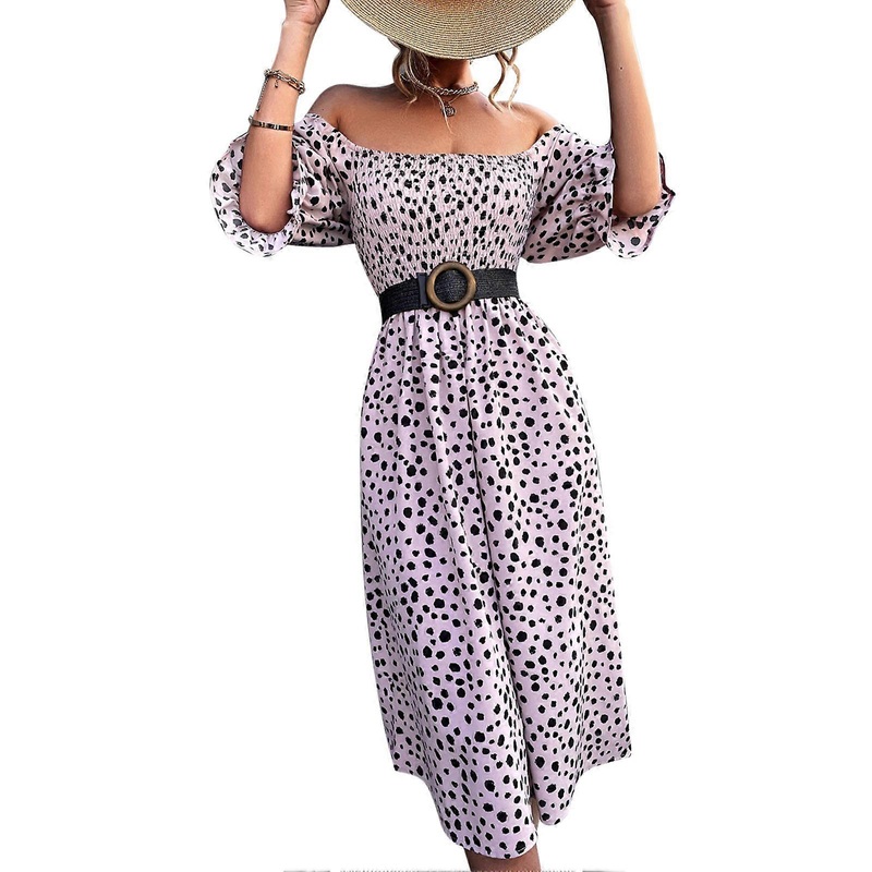 Square Neck Puff Sleeve Dress Women Retro Elegant Dot Print A Line Loose Hem Shirred Dress for Dating Pink M | Fruugo SG