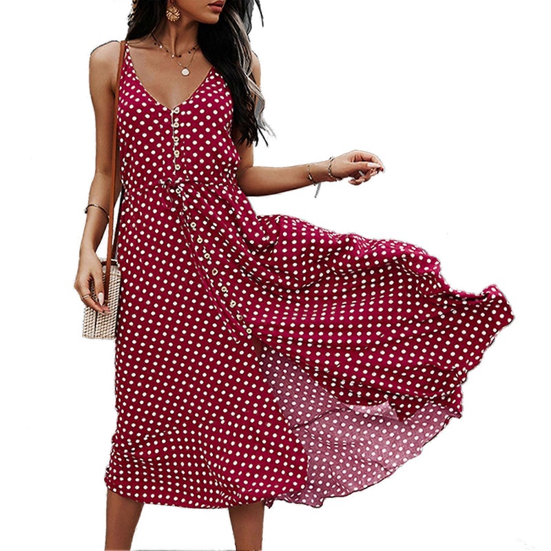 Strap Dress V Neck High Waist Loose Hemline Backless Front Split Dot Floral Long Dress for Daily Party Beach Wine Red L | Fruugo SG