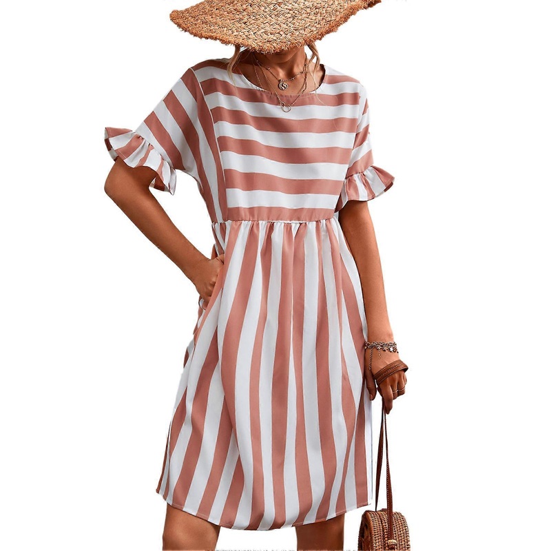 Striped Dress Fashionable Casual A Line Ruffle Short Sleeve Striped Print Casual Flowy Midi Dress Pink M | Fruugo SG