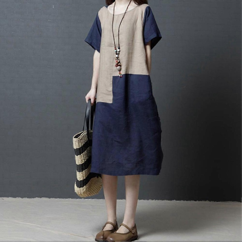 Stylish Women’s Large Size Long Dress Color Stitching Casual One-piece Dress(L) | Fruugo SG