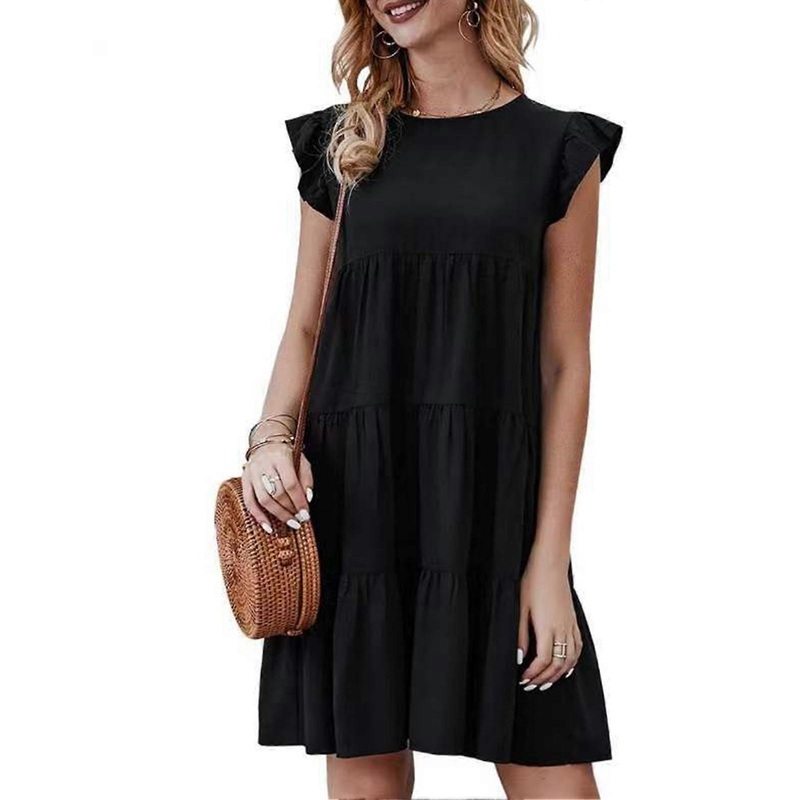 Summer Dress Round Neck Single Color Ruffle Short Sleeve Pleated Dress for Women Black S | Fruugo SG