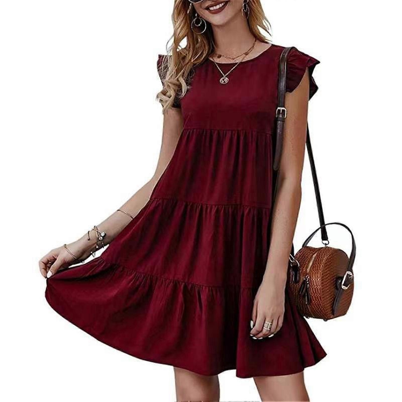 Summer Dress Round Neck Single Color Ruffle Short Sleeve Pleated Dress for Women Wine Red L | Fruugo SG