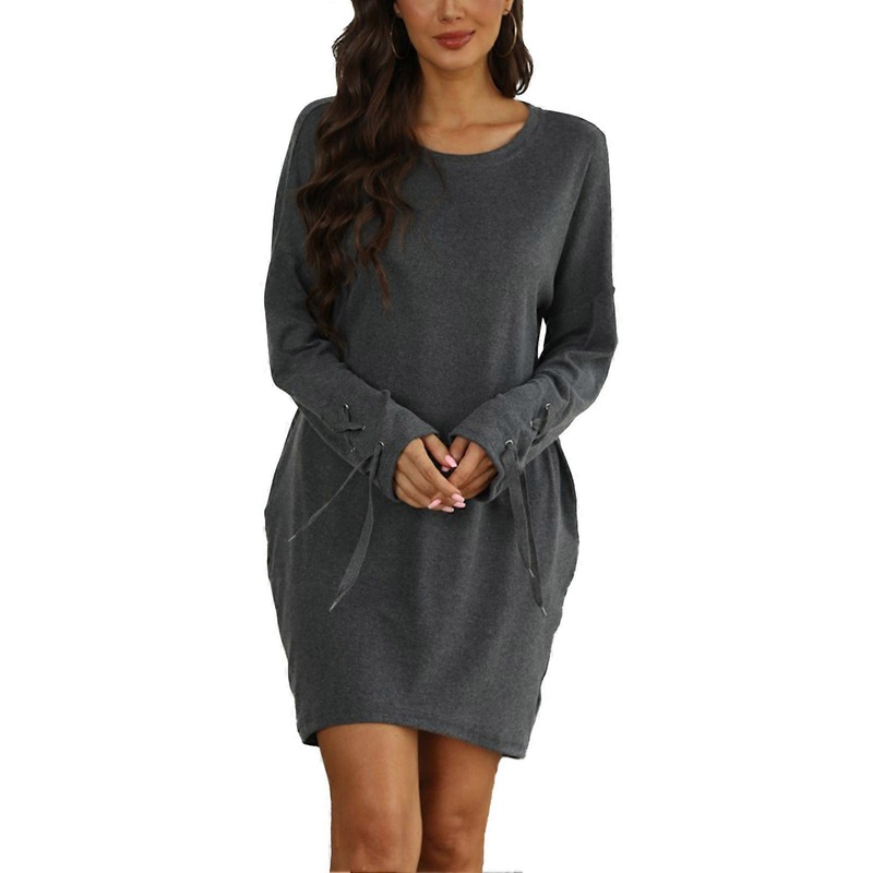Tied Cuff Tunic Dress with Pockets Crewneck Long Sleeve Loose Pure Color Oversized Dress for Women Grey XL | Fruugo SG