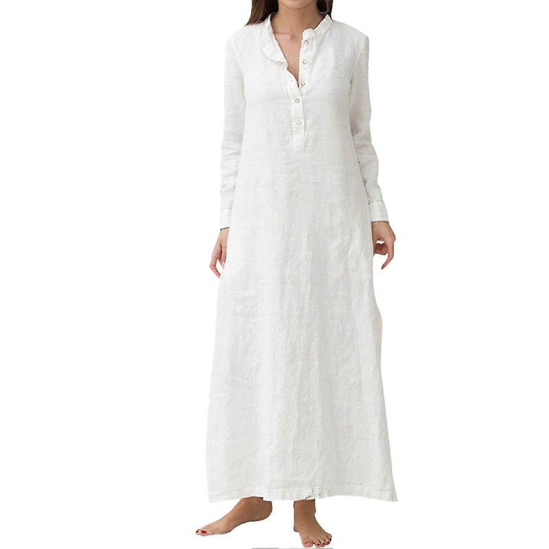 V Neck Button Dress Pure Color Casual Loose Vintage Long Sleeve Shirt Dress for Women Girls White M | Fruugo SG