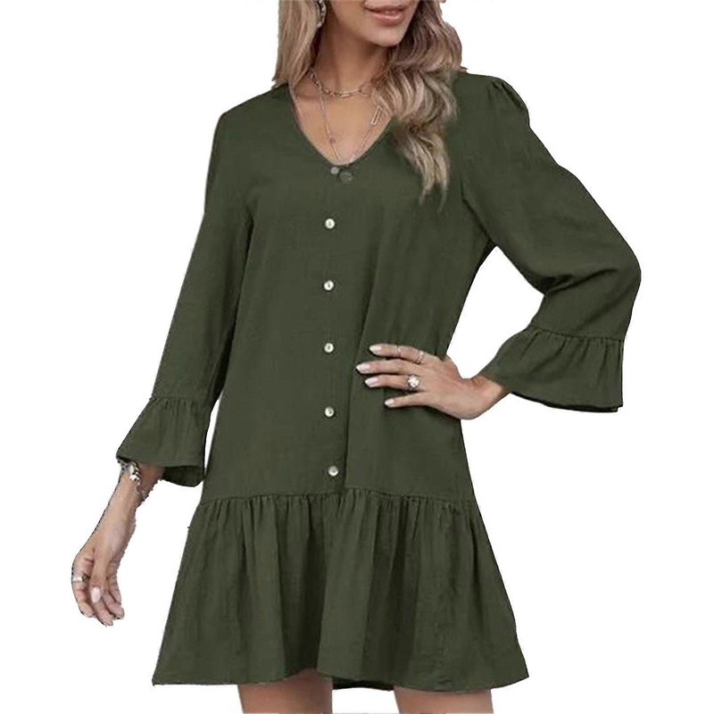V Neck Button Dress Soft Fashion Casual Skin Friendly Breathable Long Sleeve Dress for Women Daily Shopping Green L | Fruugo SG