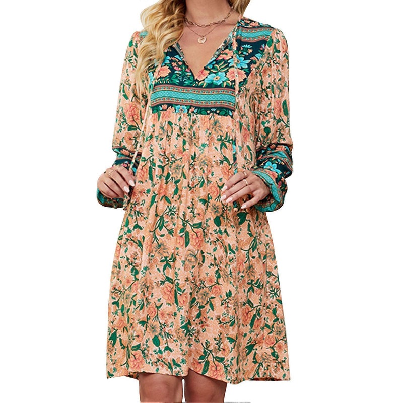 V Neck Dress Rayon Soft Long Lantern Sleeve Floral Print Casual Loose Dress for Women Apricot M | Fruugo SG