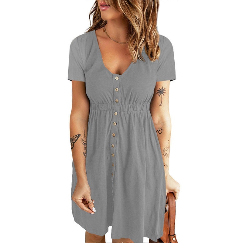 V Neck Front Button Dress Short Sleeve High Waisted Button Front Dress for Women Spring Summer Light Gray M | Fruugo SG