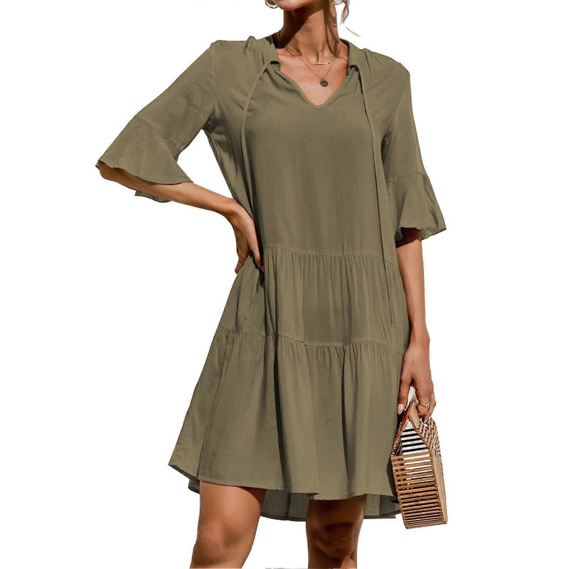 V Neck Ruffle Sleeve Dress Women Soft Breathable Loose Casual Dress for Beach Party Dating OD Green XL | Fruugo SG