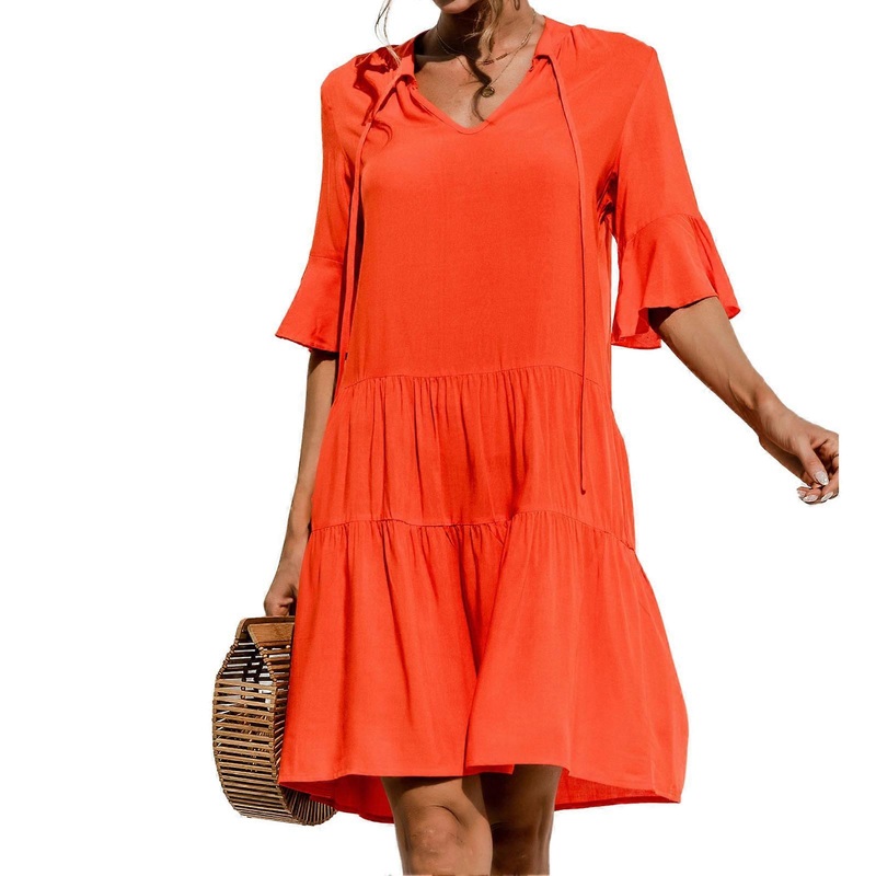 V Neck Ruffle Sleeve Dress Women Soft Breathable Loose Casual Dress for Beach Party Dating Orange XL | Fruugo SG
