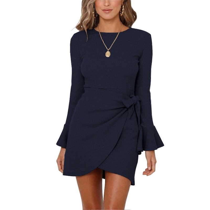 Woman Dress Round Neck Long Sleeve Ruffled Lace Cuffs Irregular Hem Strapping Female Dress Dark Blue S | Fruugo SG