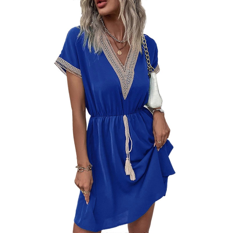 Woman Lace V Neck Dress Short Sleeve Long Skirt Loose Banquet Party Dress Drawstring Waist Ladies Wedding Party Skirt  Blue S | Fruugo SG