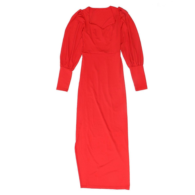 Woman Long Puff Sleeve Dress Red Deep V Neck Tight Waist High Rise Side Split Long Evening Dress Red M | Fruugo SG