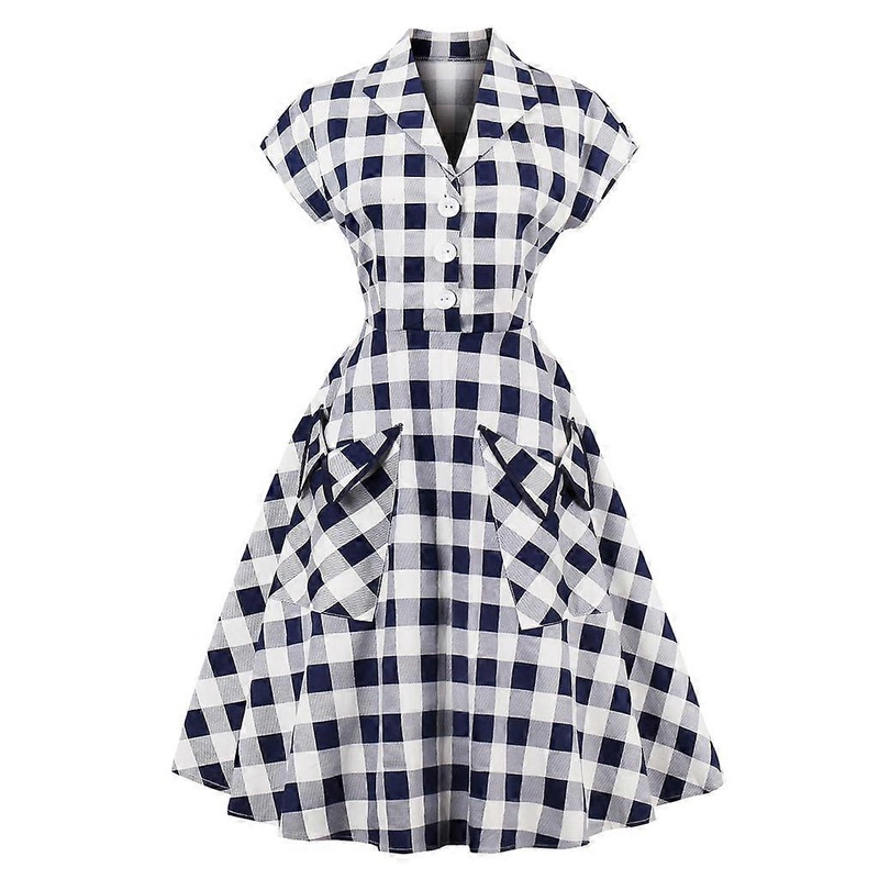 Women Classic Blue White Gray Plaid Pattern Turn down Collar V neck Flared Dress (M) | Fruugo SG