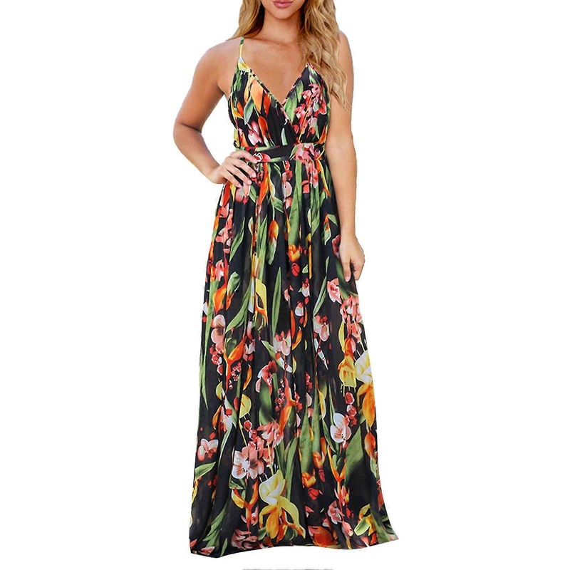 Women Deep V Neck Maxi Dress Back Criss Cross Adjustable Strap Floral Printed Tunic Long Dress LQ053 Black M | Fruugo SG