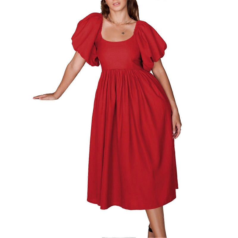 Women Dress A Line Lantern Sleeve Crew Neck Shirred Backless High Waist Summer Dress Red M | Fruugo SG