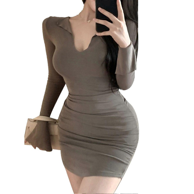 Women Dress Long Sleeve Bodycon Slim Fit Pure Color V Neck Breathable Casual Dress | Fruugo SG