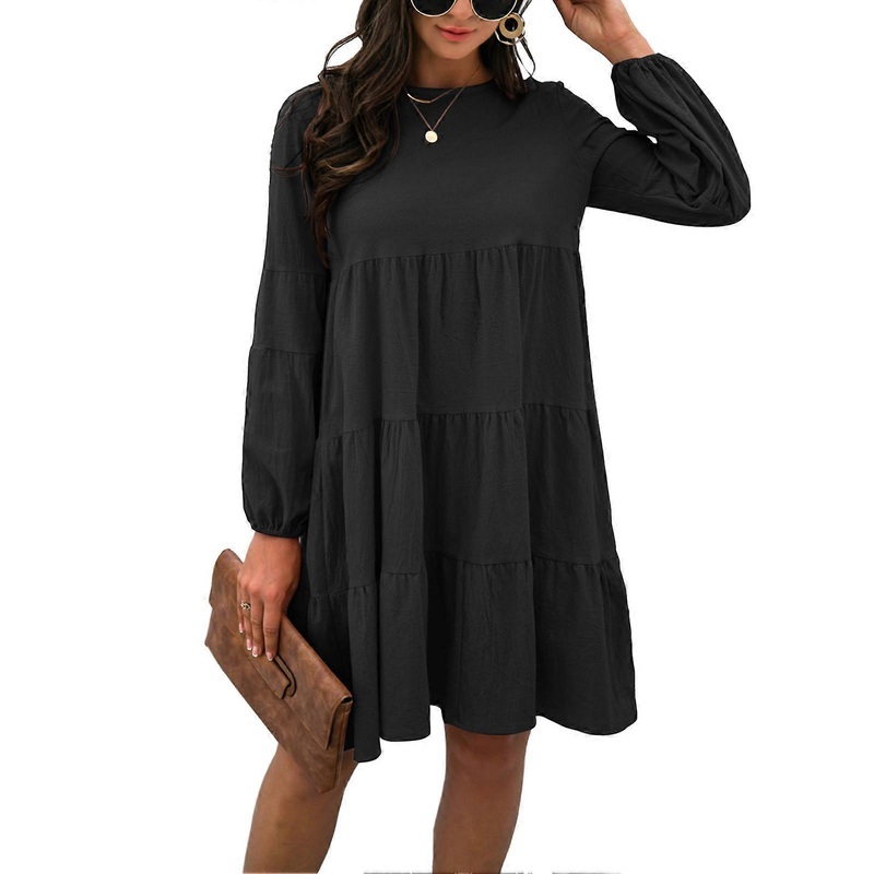 Women Dress One Piece Round Neck Long Balloon Sleeve Pure Color Loose Waist for Home Black XL | Fruugo SG