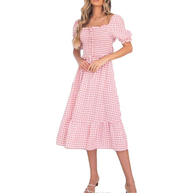 Women Dress Shirred Plaid Printed Puff Sleeve Frill Trim Ruffle Hem Drawstring Long Dress for Lady Pink L | Fruugo SG