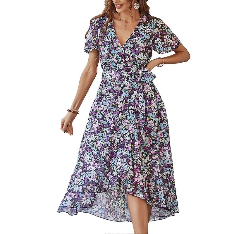 Women Dress V Neck Ruffle Hem Short Sleeve Split A Line Flared for Summer Spring Black S | Fruugo SG