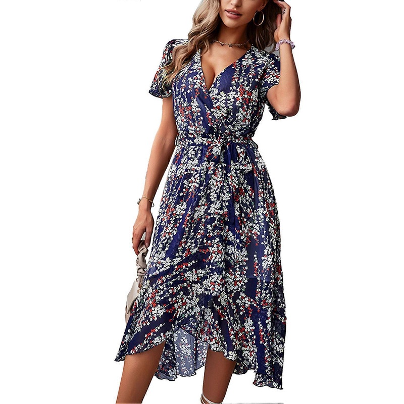 Women Dress V Neck Ruffle Hem Short Sleeve Split A Line Flared for Summer Spring Navy Blue M | Fruugo SG