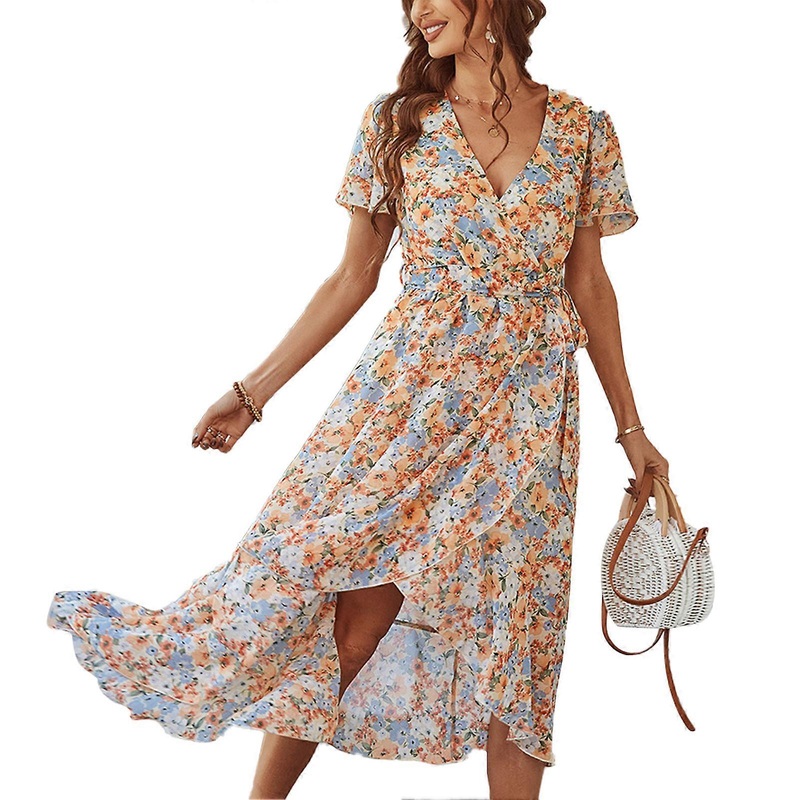 Women Dress V Neck Ruffle Hem Short Sleeve Split A Line Flared for Summer Spring Yellow XL | Fruugo SG