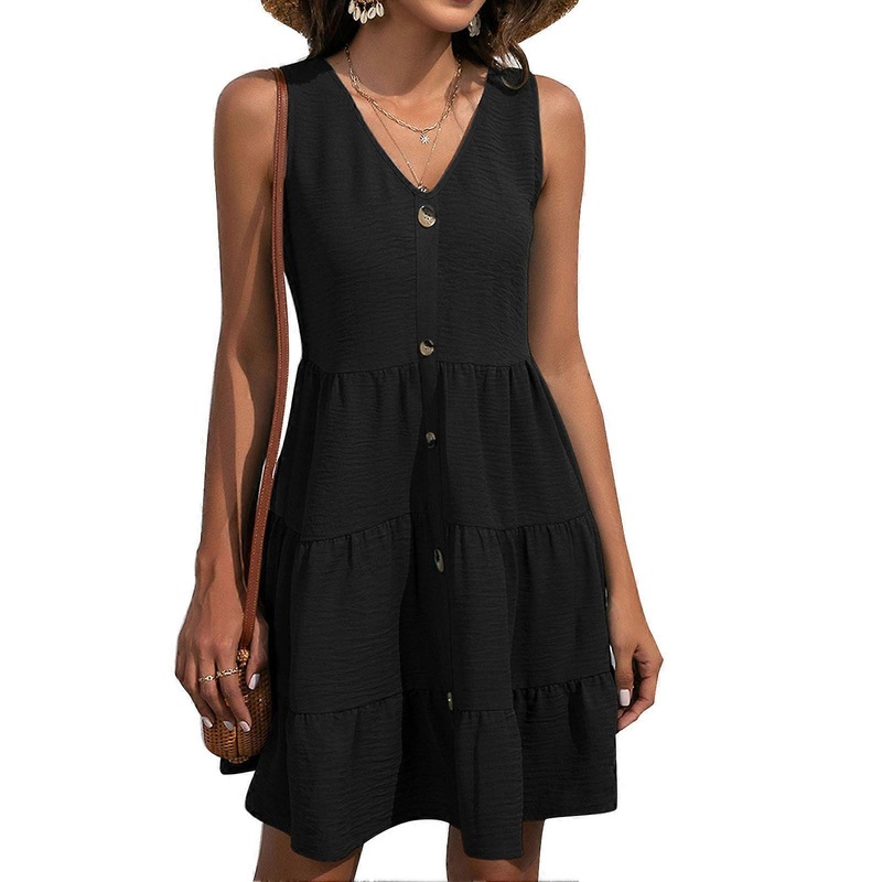 Women Dresses V Neck Decorative Button Summer Sleeveless Pullover Loose Pleated Swing Casual Dress Black S | Fruugo SG