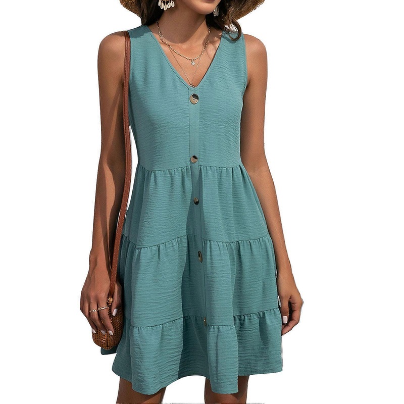 Women Dresses V Neck Decorative Button Summer Sleeveless Pullover Loose Pleated Swing Casual Dress Green M | Fruugo SG