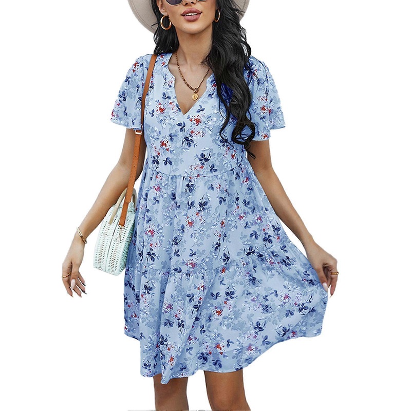 Women Floral Print Dress A Line Short Sleeve V Neck High Waist Casual Summer Dress for Daily Wear Blue M | Fruugo SG