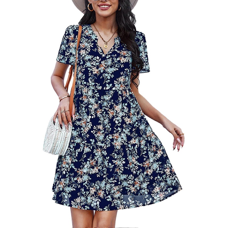 Women Floral Print Dress A Line Short Sleeve V Neck High Waist Casual Summer Dress for Daily Wear Navy Blue M | Fruugo SG