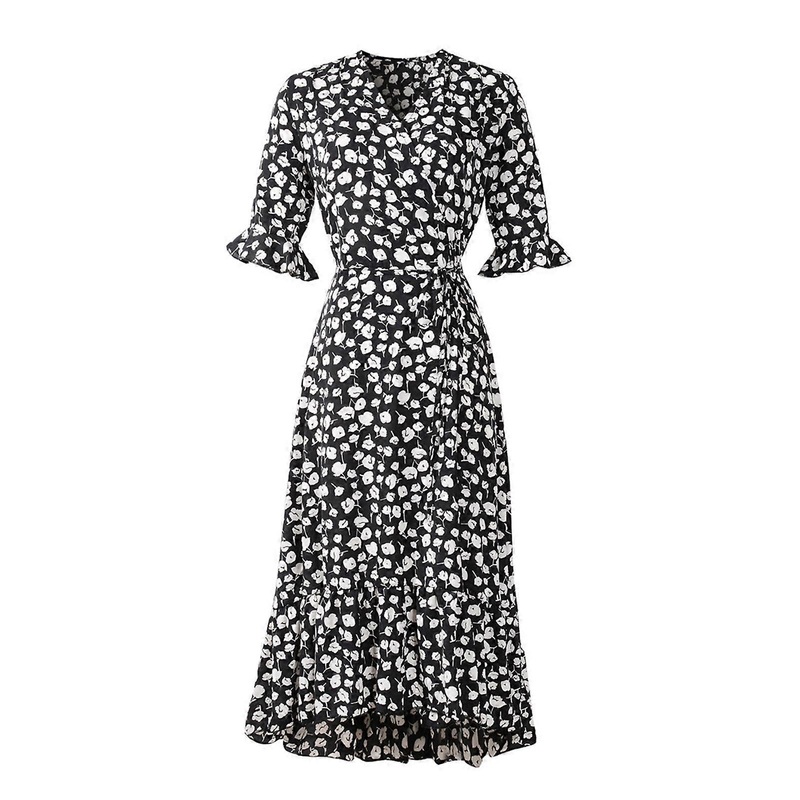 Women Floral Print Dress Cross Wrap V Neck Half Sleeve Side Split Ruffled Hem Tunic Midi Dress Black L | Fruugo SG