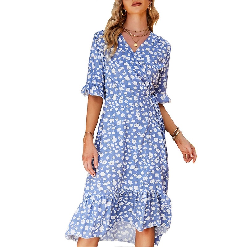 Women Floral Print Dress Cross Wrap V Neck Half Sleeve Side Split Ruffled Hem Tunic Midi Dress Light Blue S | Fruugo SG