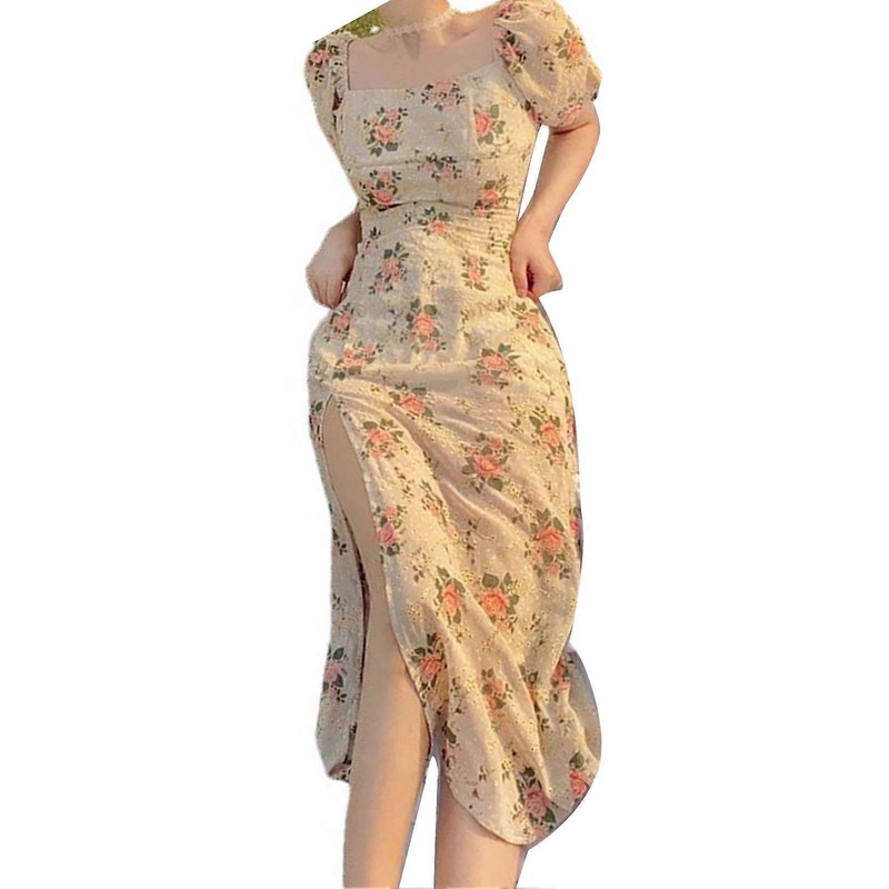 Women Floral Side Split Dress Fashionable Sweet Puff Sleeve Lady Floral Print Dress for Summer | Fruugo SG