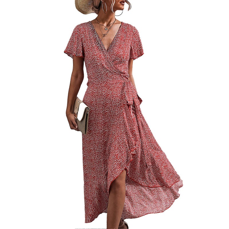 Women Floral Wrap Dress V Neck Waist Belted Ruffle Sleeve Asymmetrical Hem Summer Long Dress Red XXL | Fruugo SG