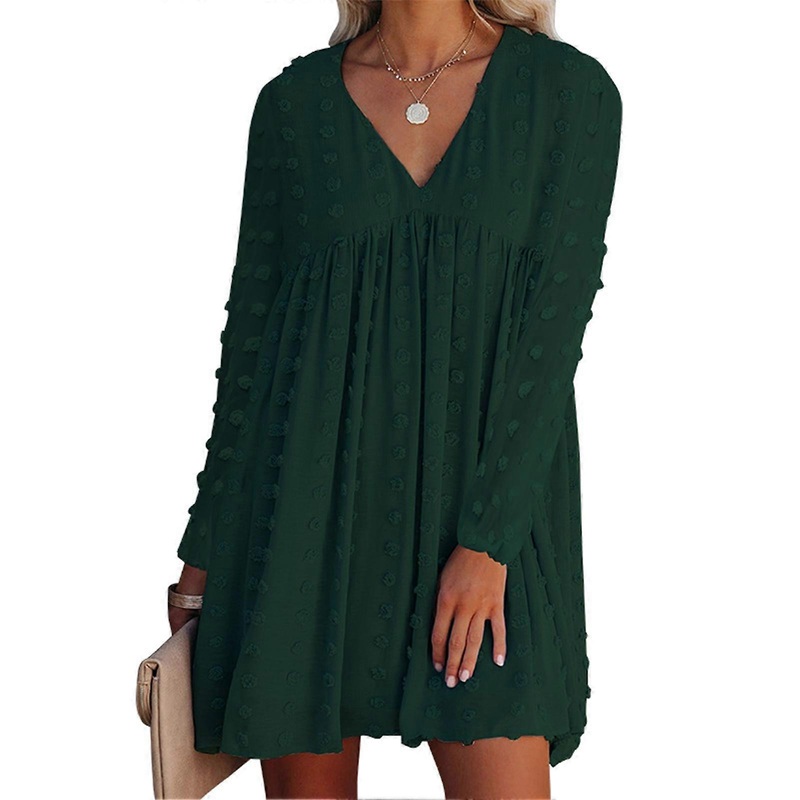 Women Lantern Long Sleeve Dress V Neck Ruffled Hem Loose Jacquard Dress for Autumn and Winter Green M | Fruugo SG