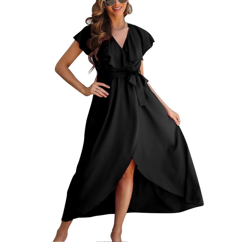 Women Long Dress V Neck Belted Ruffle Sleeve Side Wrap Pure Color Wide Hem Dress for Lady Girls Black L | Fruugo SG