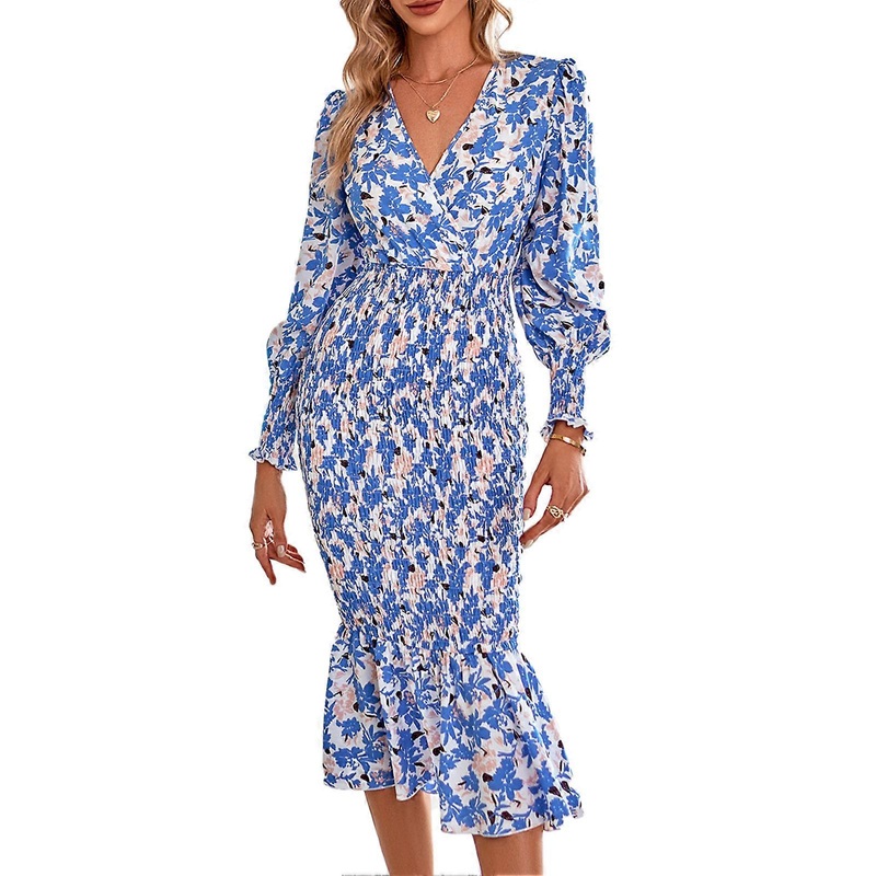 Women Long Sleeve Dress Casual Slim Fit Floral Print Wrap V Neck Ruffle Hem Shirred Bodycon Dress Blue S | Fruugo SG